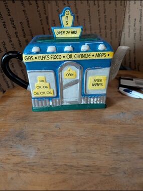 Novelty Gas Station Teapot - Blue and Yellow Ceramic Kettle